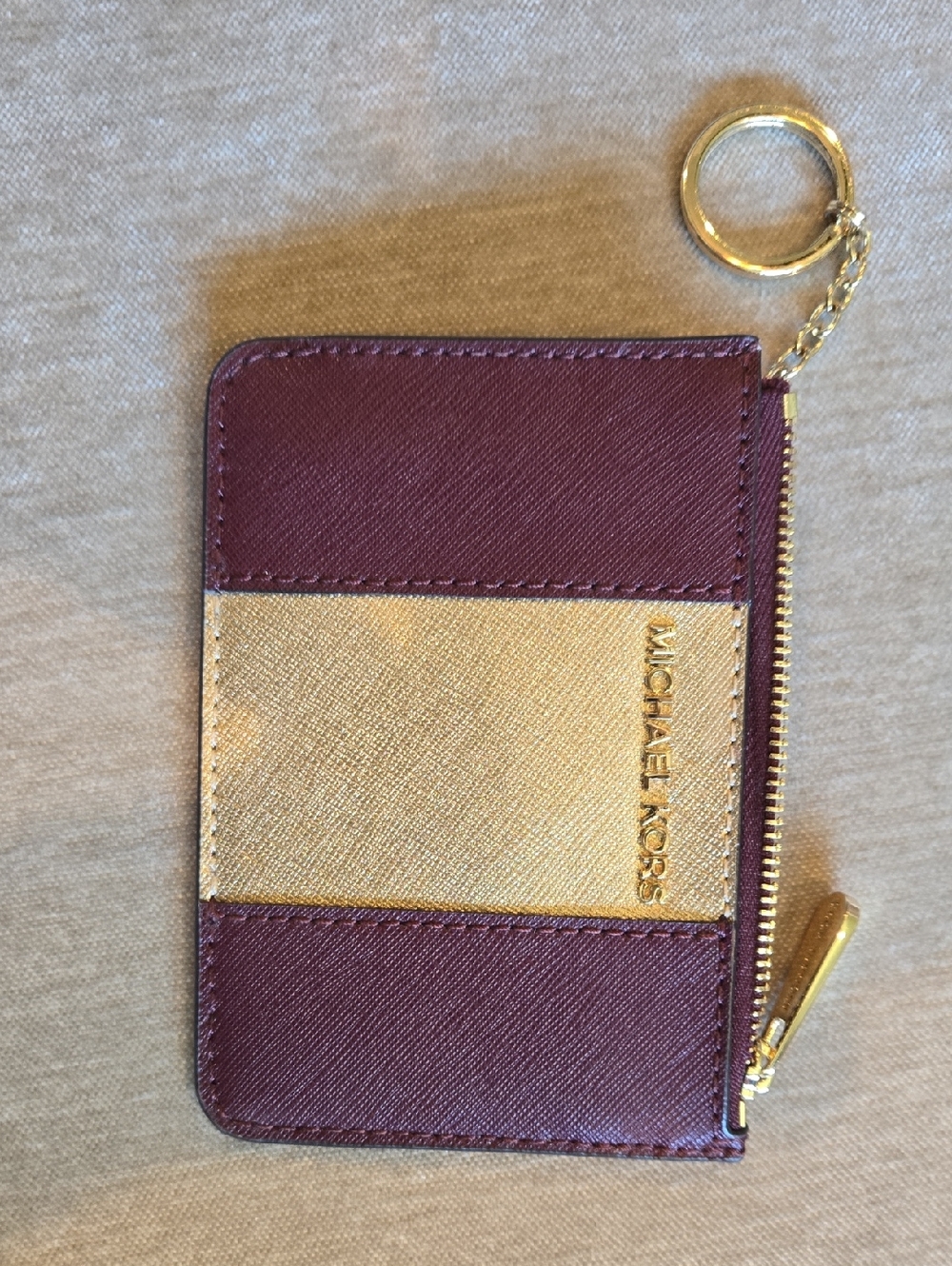 Michael Kors Burgundy & Gold Card Holder Keychain jetset travel wallet